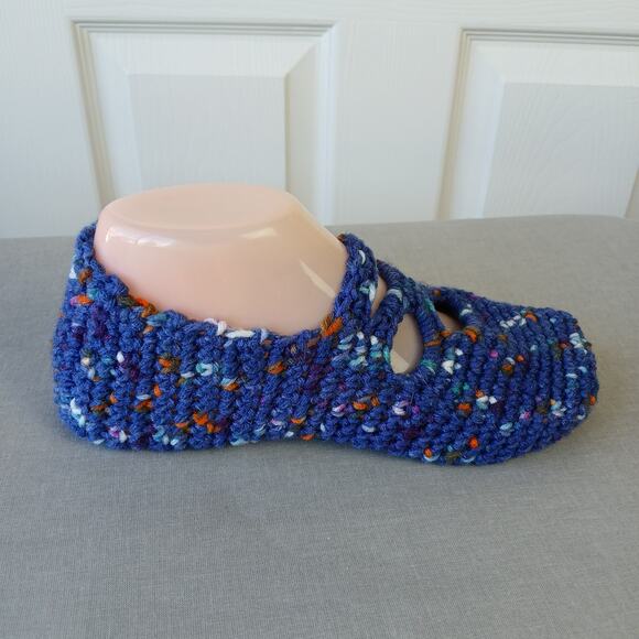 Navy Speckle Ballet Style Crochet Slippers sz 7 square toe premade Posh Hooking - Picture 6 of 9